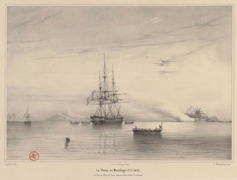 La Vénus au Mouillage d'O'-taïti. Le Fort de Moutou-Outa salue le Pavillon Français.